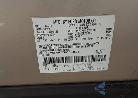 2017 Ford Explorer Platinum from USA, damaged, VIN 1FM5K8HTXHGD64678